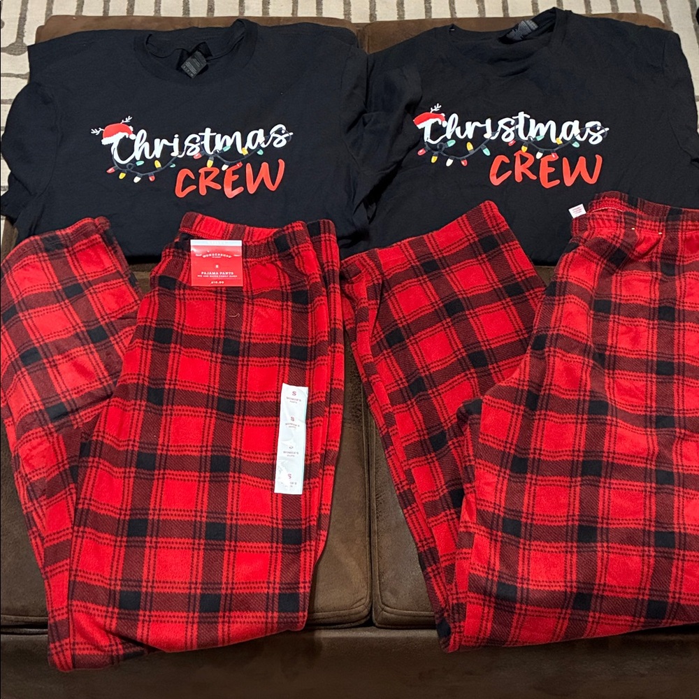 Christmas Crew Pajama Sets - Red Plaid Pants & Black Top